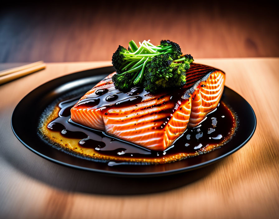 Grilled salmon fillet and broccoli on black plate with chopsticks