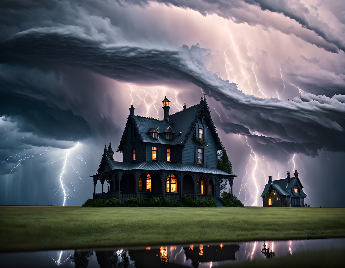 Victorian-style house in stormy sky with lightning strikes & water reflection