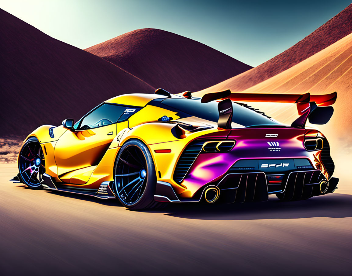 Yellow Sports Car with Racing Decals in Desert Dunes