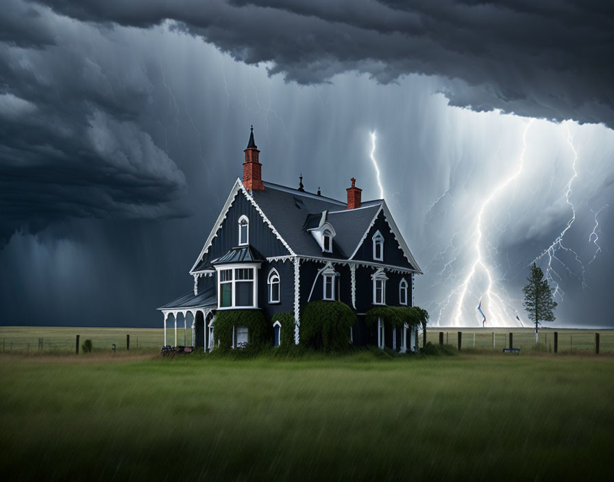 Victorian house in field under stormy sky with lightning strikes