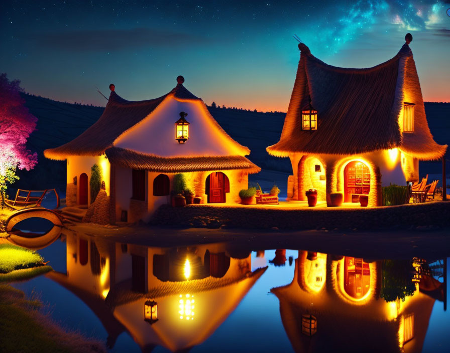 Illuminated Thatched-Roof Cottages Reflecting in Still Water at Night