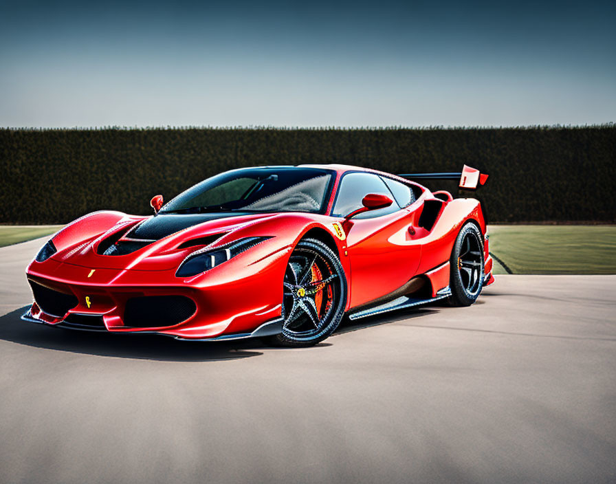 Red Ferrari sports car with black accents and rear wing on asphalt track with green grass.