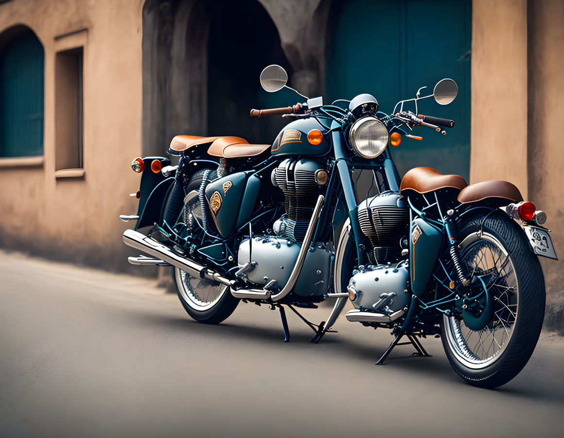 Vintage Teal Motorcycle with Tan Leather Seats Parked on Paved Street