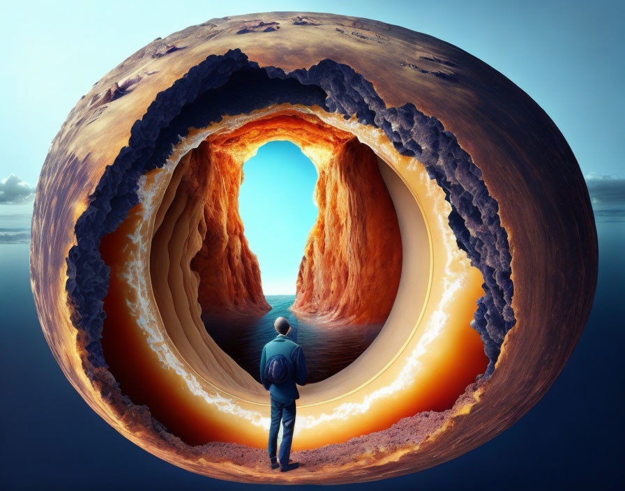 Surreal spherical tunnel entrance with earth textures under blue sky