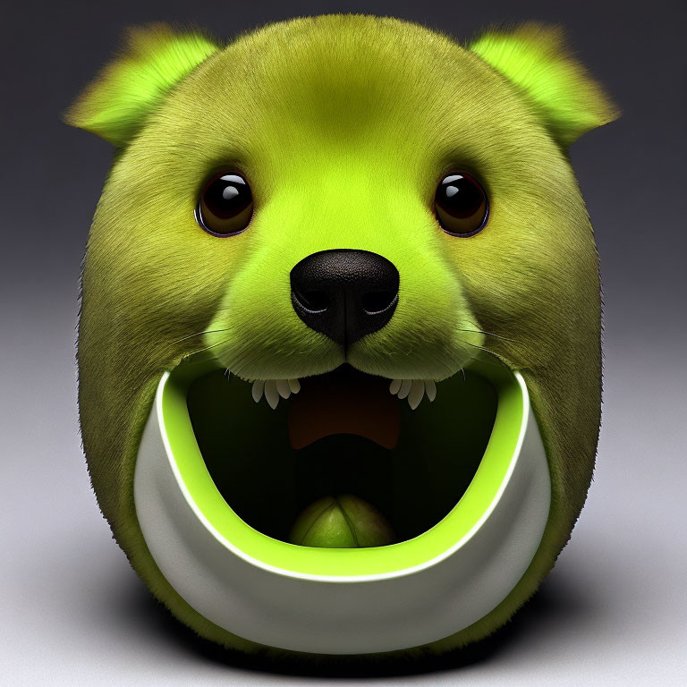 Green 3D spherical creature with dog-like features and smiling mouth