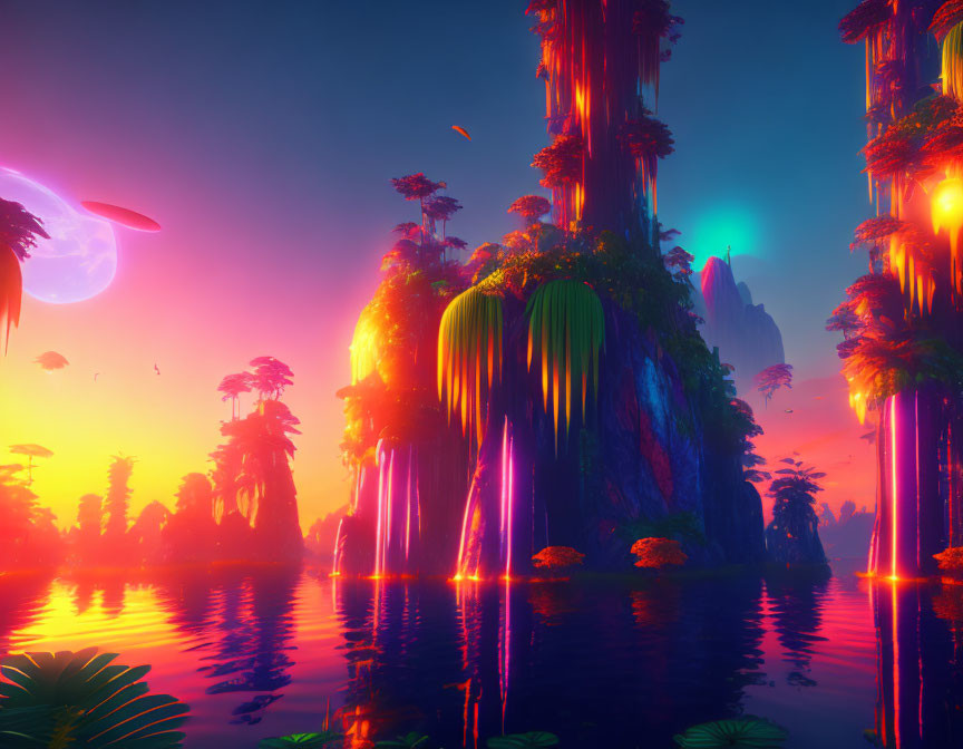 Majestic rock formations, waterfalls, tropical greenery, vivid sunset, alien planets