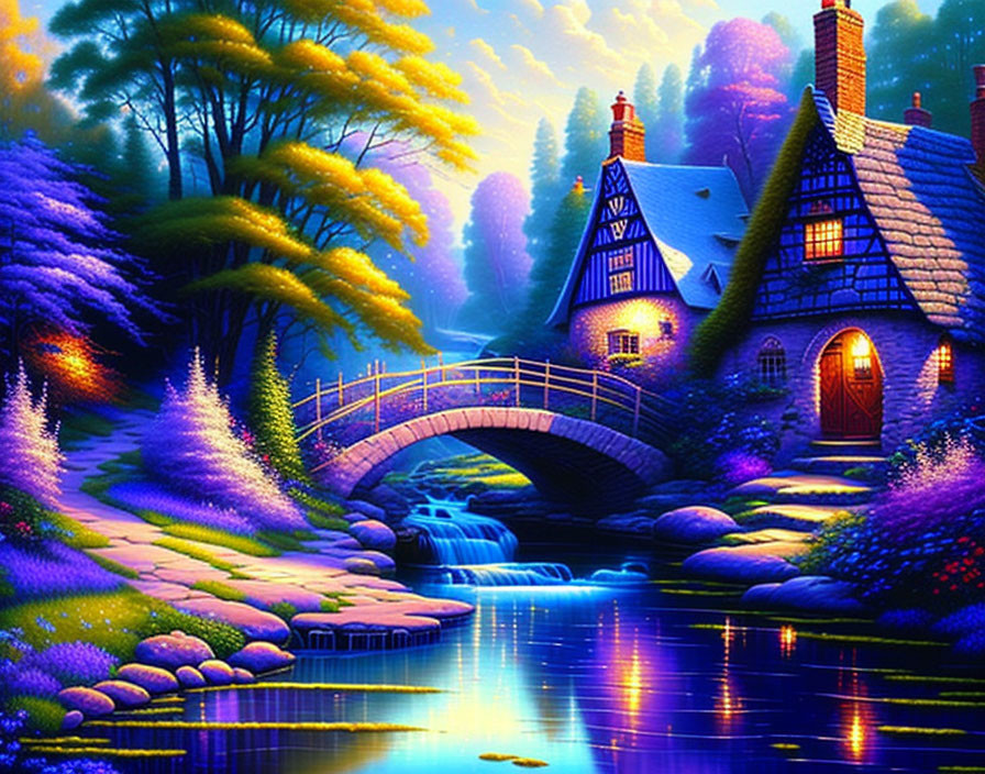 Colorful Cottage by Waterfall and Stone Bridge under Starry Sky