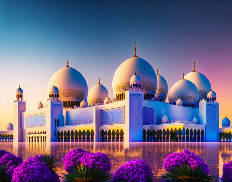 Tranquil dusk scene with domed structures reflected on water.