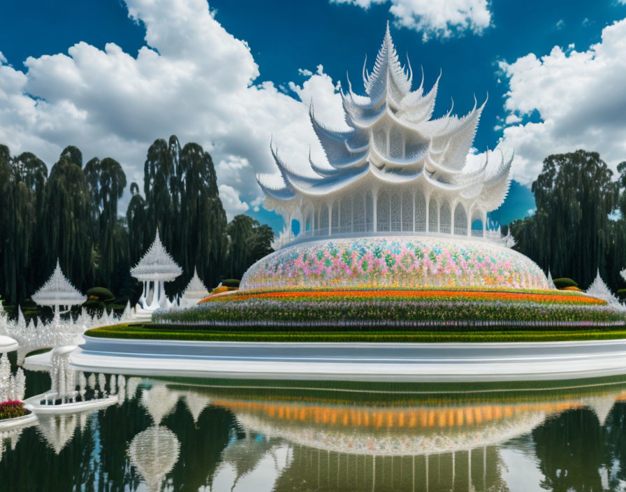 White Temple with Spire-like Structures and Gardens on Cloudy Day