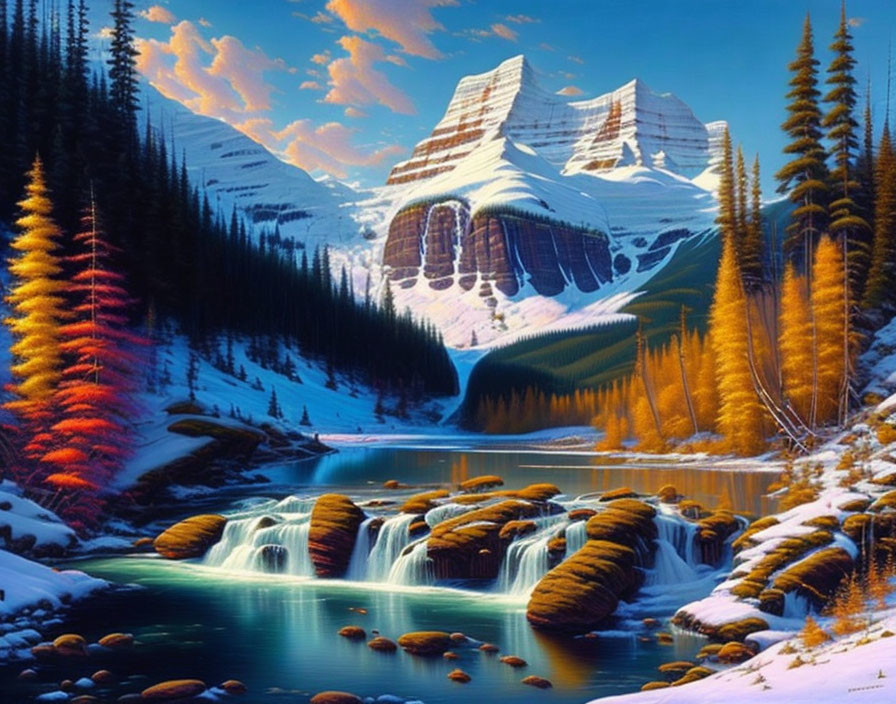 Serene landscape painting with waterfall, pine trees, river, and snow-capped mountain