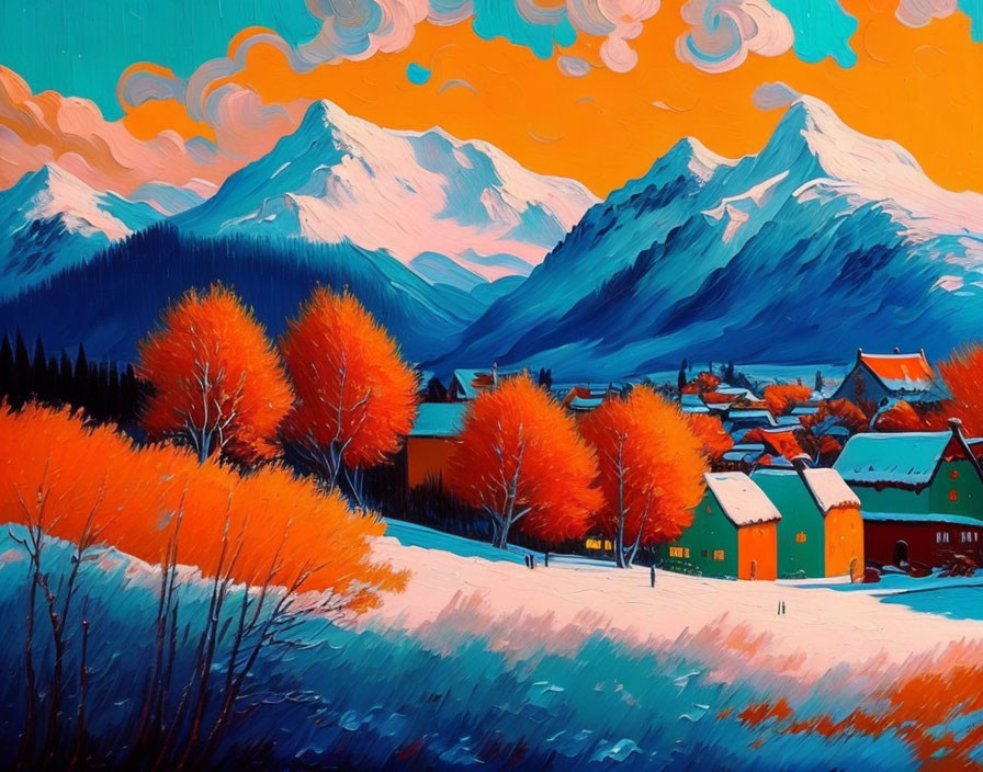 Snow-covered village with orange trees, blue mountains, and pastel skies