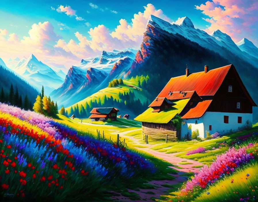 Colorful mountain landscape with wildflowers, red-roofed houses, and snow-capped peaks