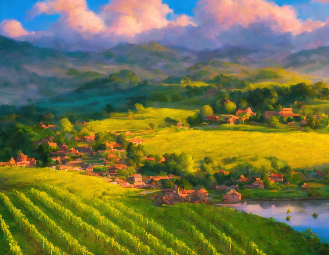 Scenic village painting: rolling hills, greenery, sunlight glow