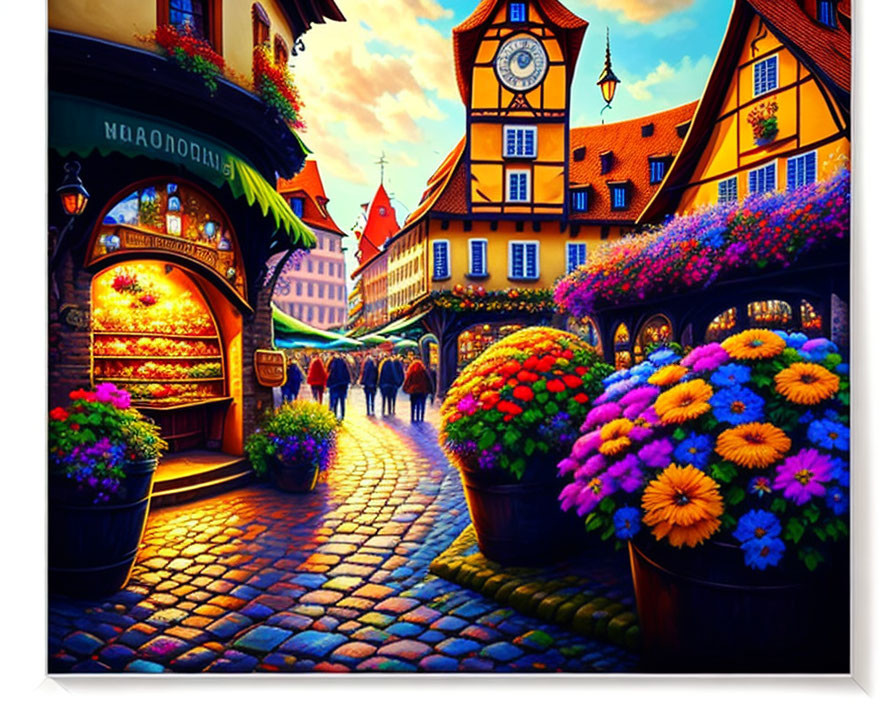 Colorful street scene with cobblestone paths, flower baskets, old-European architecture, and clock tower