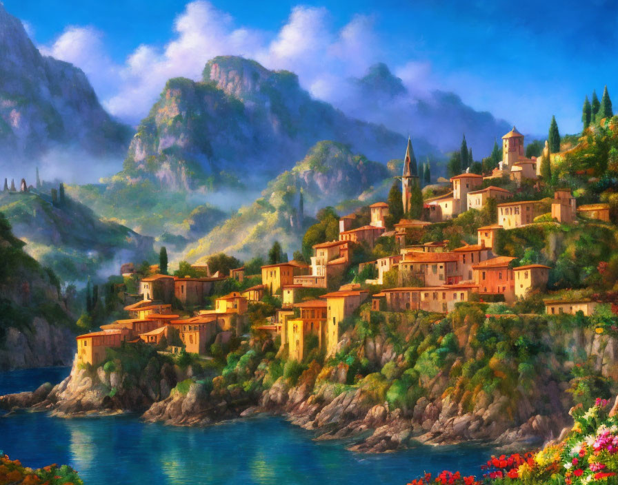 Scenic village: terracotta-roofed houses, lush green hills, blue lake, mountains