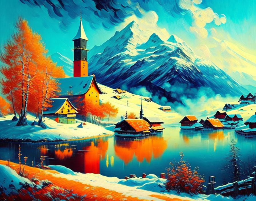 Serene mountain village painting with colorful trees and lake reflections