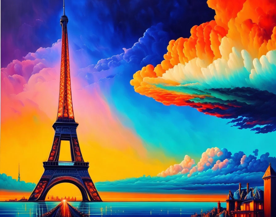 Colorful painting: Eiffel Tower in vivid sunset scene