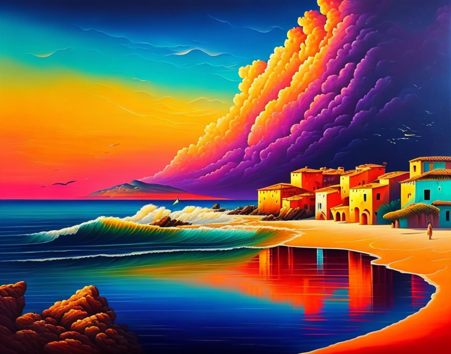 Colorful Clouds and Coastal Village in Surreal Landscape