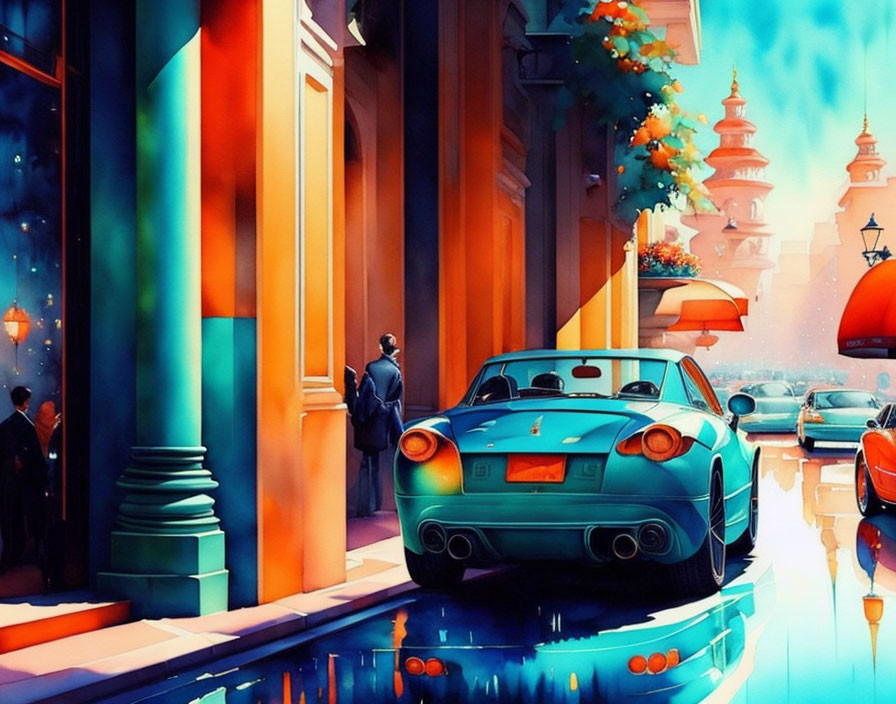 Colorful street scene with luxury cars and ornate architecture under warm sky