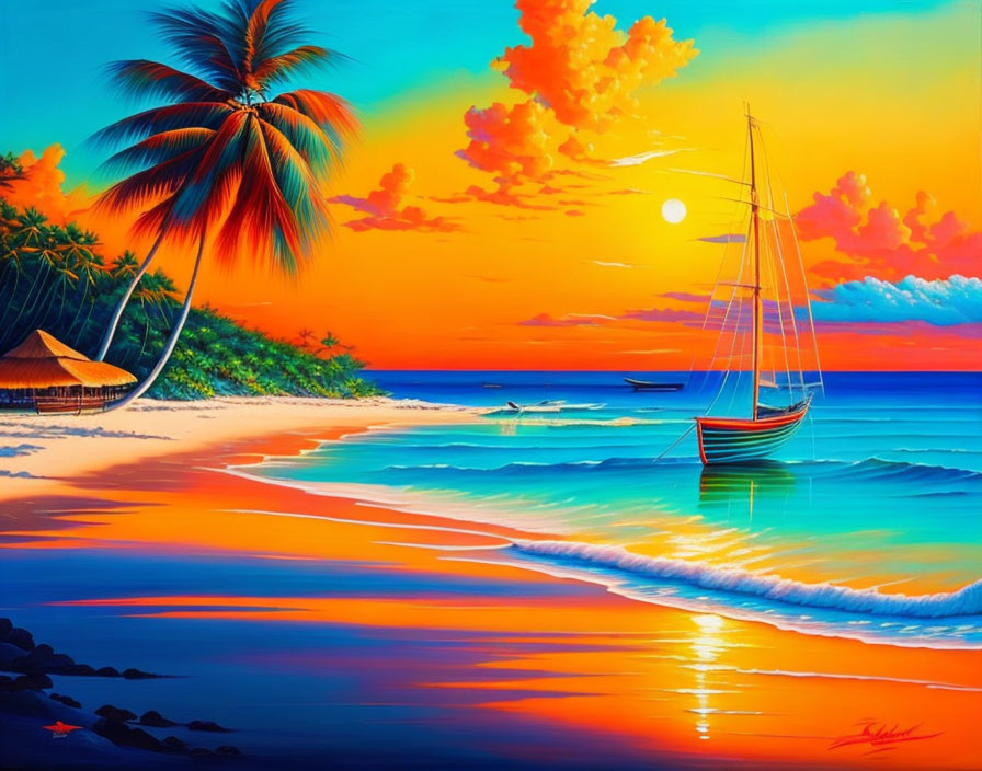 Sunset beach scene with sailboat, palm trees, hut, and colorful reflections