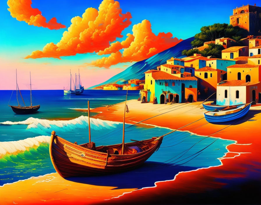 Colorful Mediterranean Coastal Village Painting with Boats and Sunset Sky