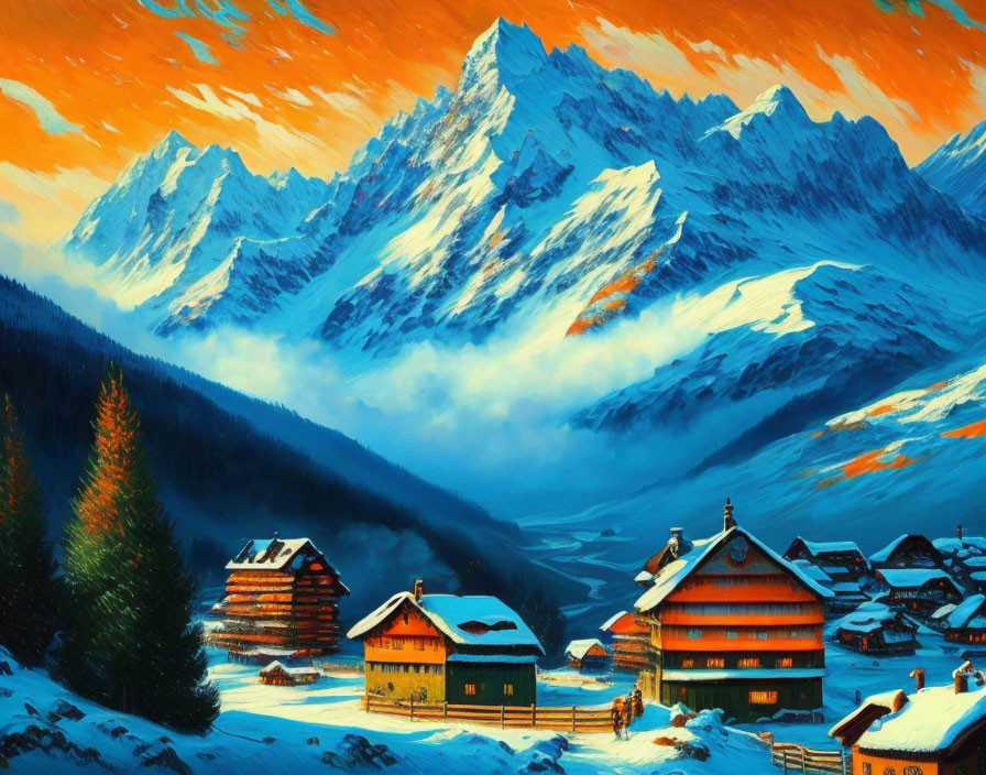 Scenic Alpine Village with Snow-Capped Mountains