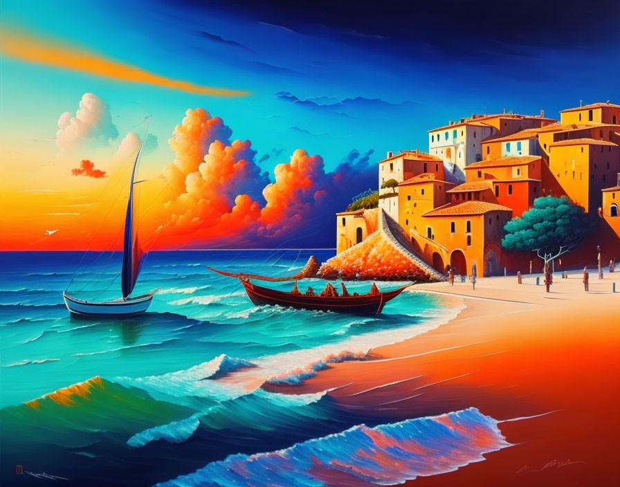 Colorful Coastal Sunset Painting with Buildings, Sailboat, and Waves