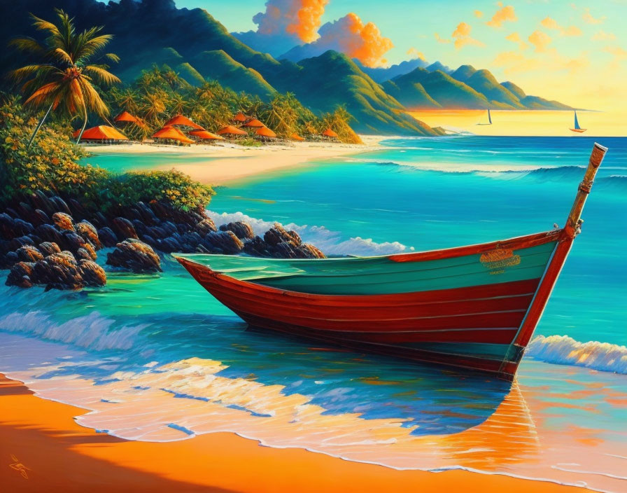 Scenic tropical beach painting with red boat, huts, palm trees