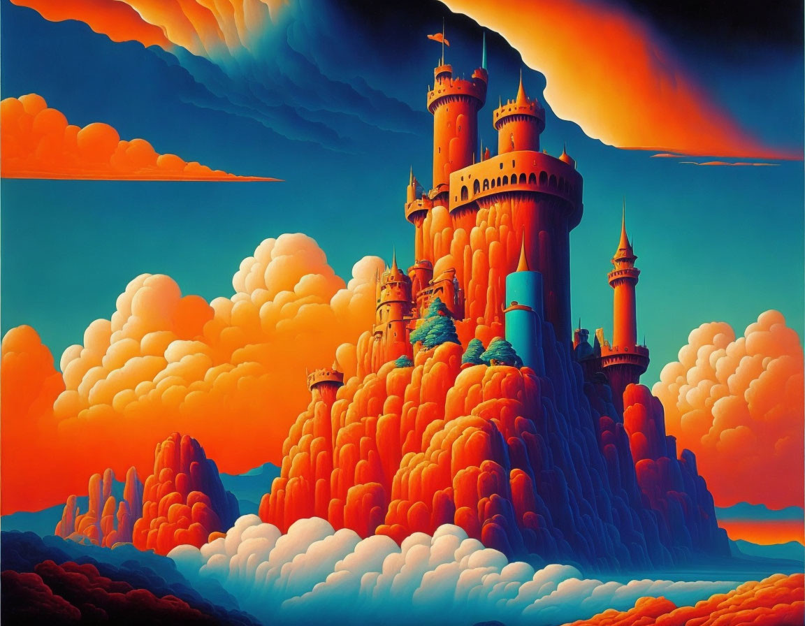 Majestic castle on vibrant clouds under fiery sky