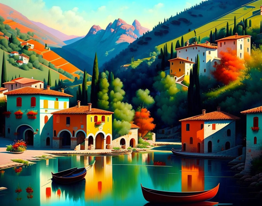 Colorful Italian Village Painting with Lake, Boats, and Mountains