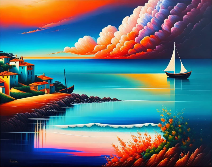 Colorful coastal village artwork with sailboat on tranquil waters