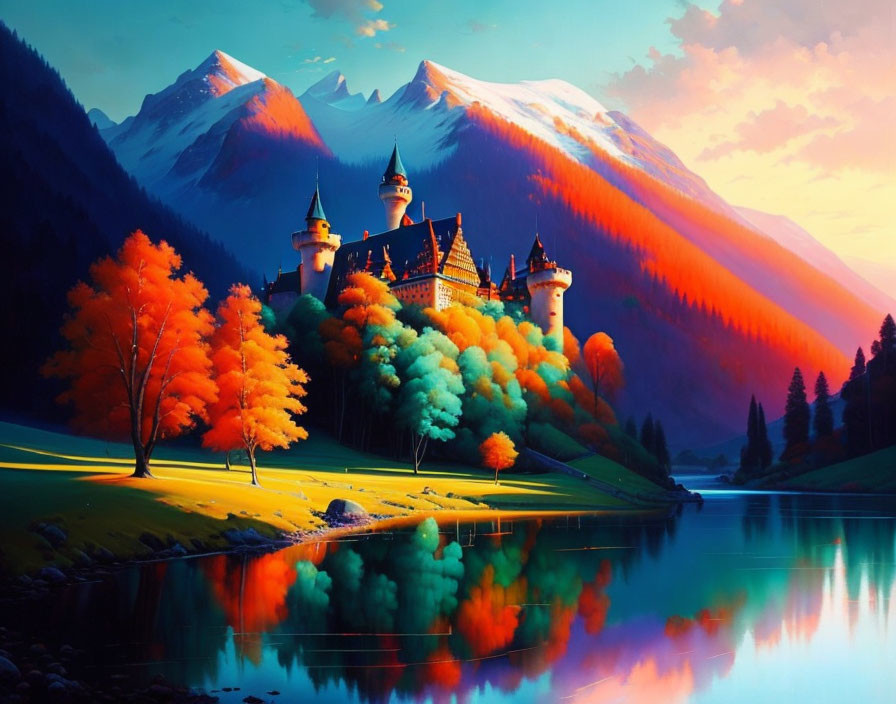 Digital Artwork: Castle with Snowy Peaks, Autumn Trees, Blue Lake