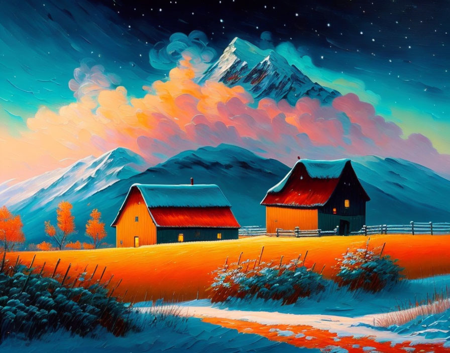 Autumn landscape painting: houses, glowing windows, starry sky, mountains