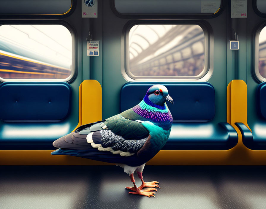 Colorful Pigeon in Empty Train Carriage with Blue and Yellow Seats