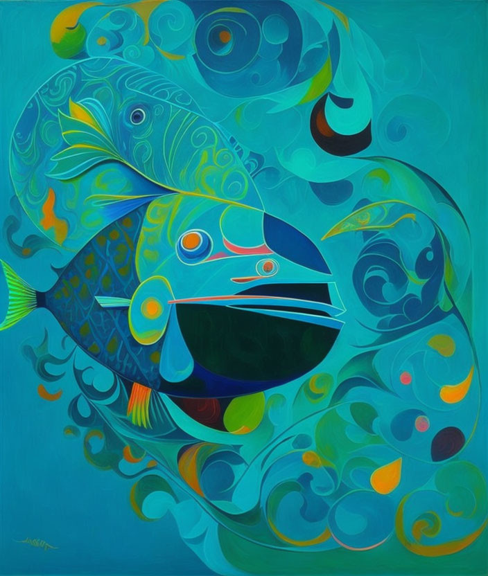 Vibrant blue and green fish abstract art on teal background