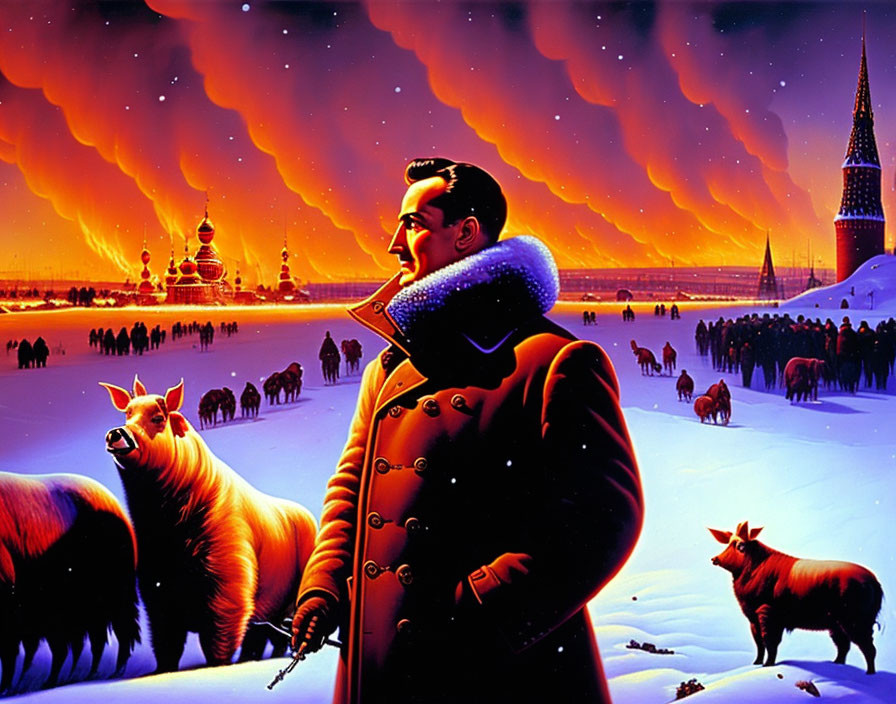 Stylized winter coat man among animals and domed structures under fiery sky