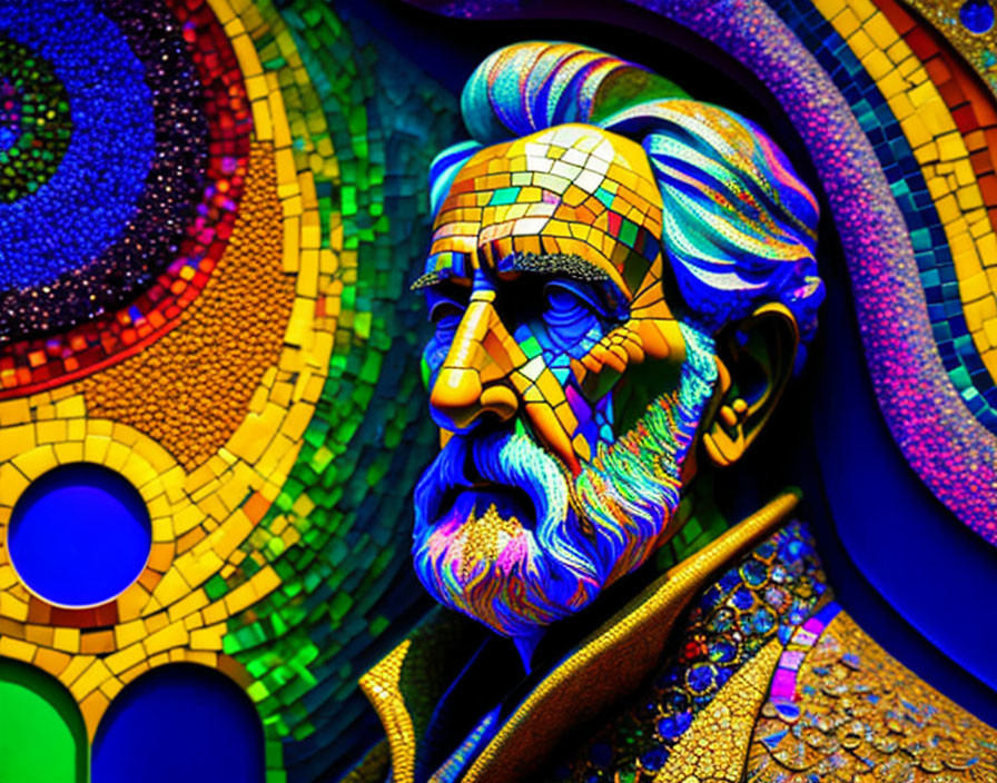 Colorful Psychedelic Portrait of Bearded Man in Mosaic Patterns