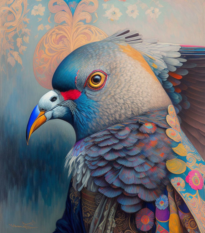 Vibrant pigeon illustration with intricate patterns and detailed eye