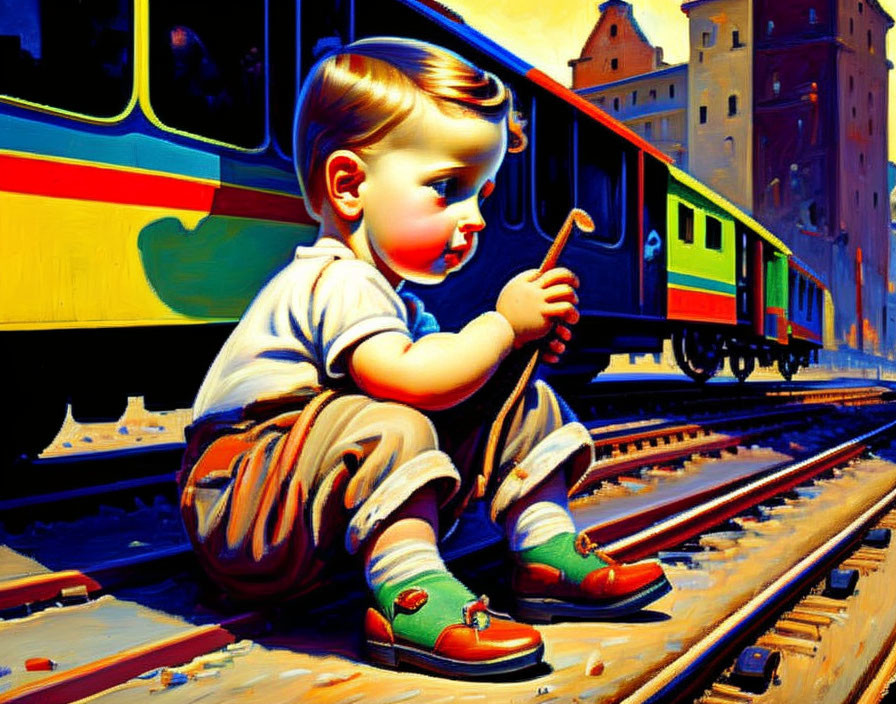 Child playing on railway tracks with colorful train and city buildings in background