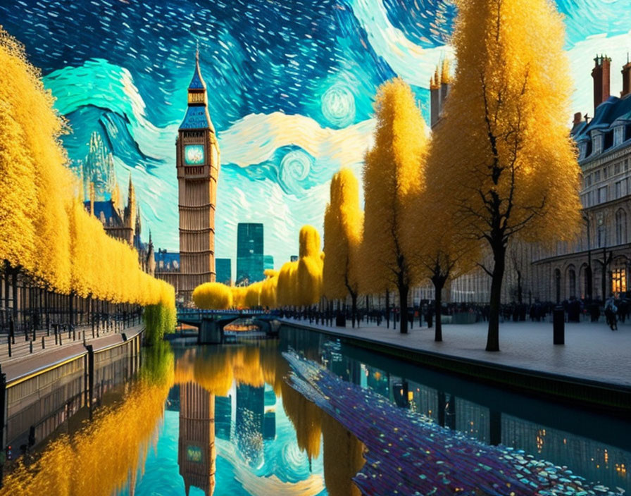 Big Ben with Starry Night Sky and Autumnal Trees by Reflective River