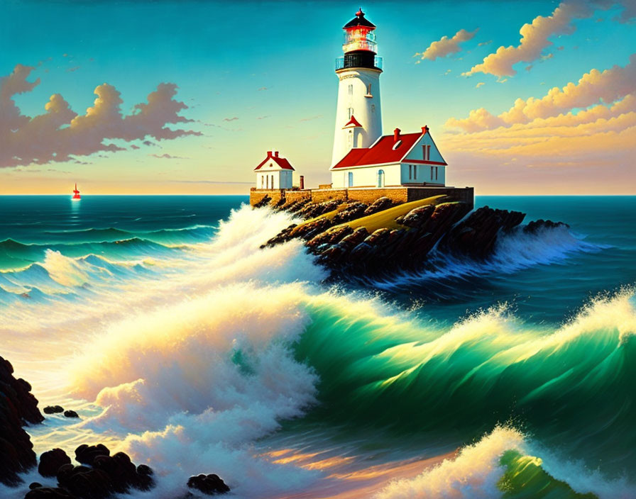 Scenic painting of lighthouse on rocky outcrop with crashing waves