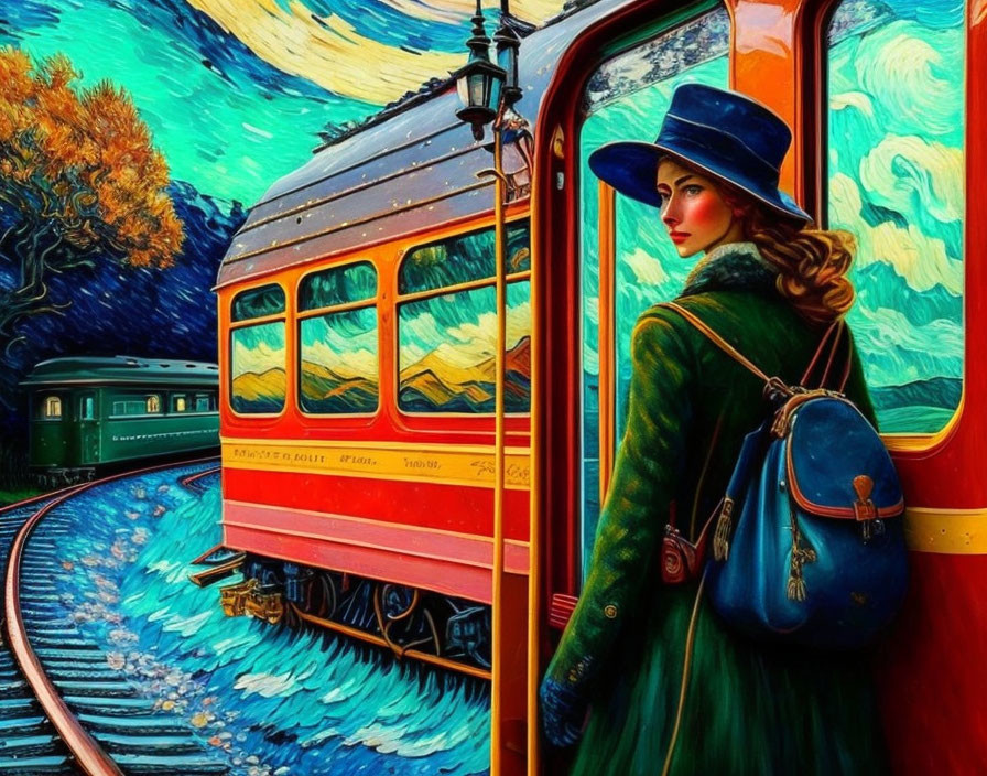 Woman in green coat and blue hat by vibrant train under Van Gogh-inspired sky