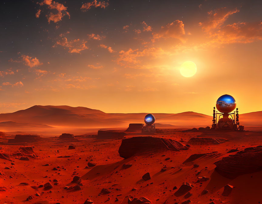 Futuristic Mars-like landscape with sun, habitats, red rocky ground, and orange sky