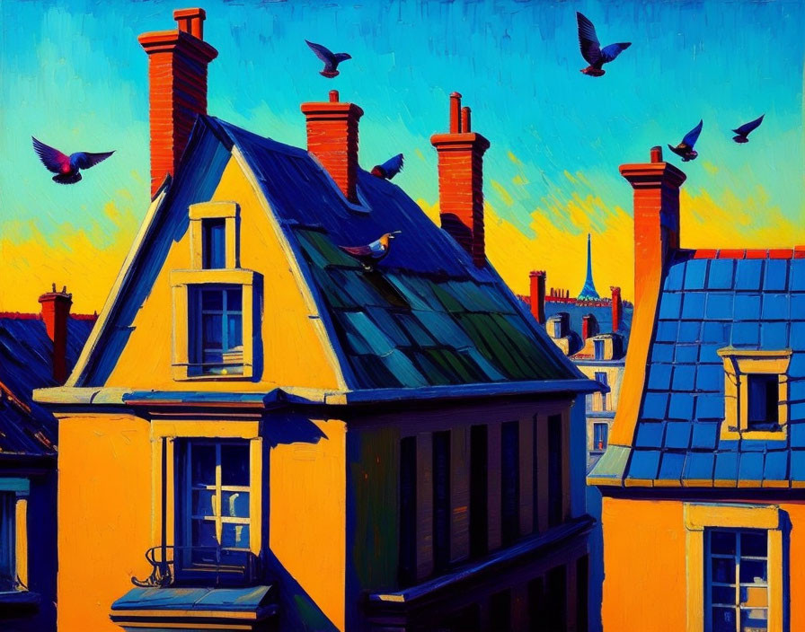 Vibrant rooftop scene with chimneys and birds in blue sky