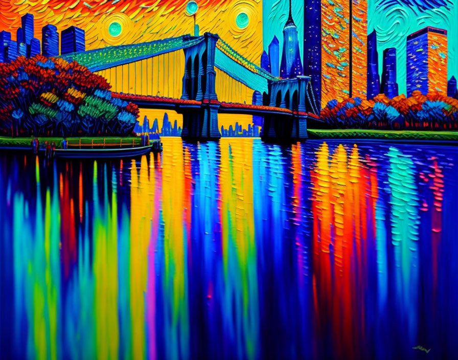 Colorful painting: Bridge over water, cityscape, starry sky.