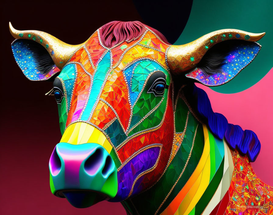 Colorful Cow Illustration with Neon Highlights on Dual-tone Background