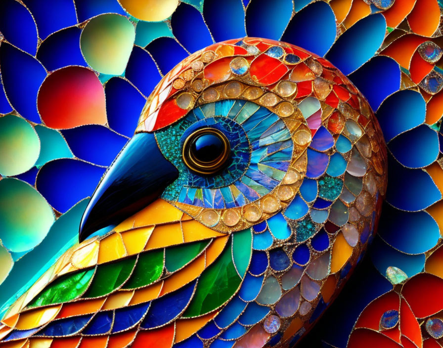 Colorful digital art: stylized peacock with mosaic patterns