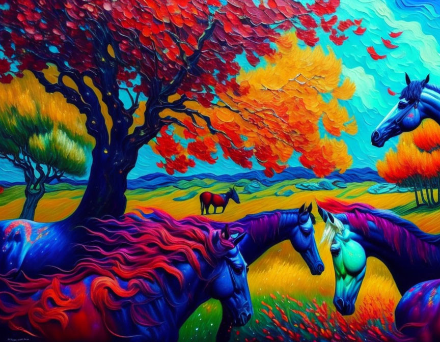 Colorful painting: Blue horses under kaleidoscopic tree in vibrant landscape