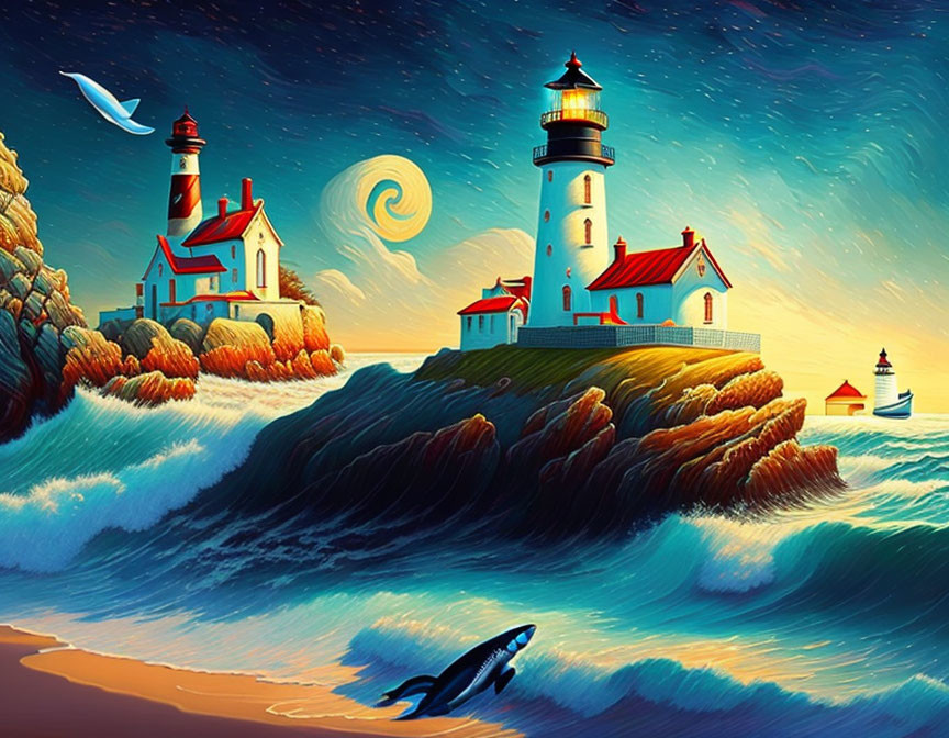 Colorful artwork: Lighthouse, whale tail, boat, and swirling sky