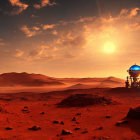 Futuristic Mars-like landscape with sun, habitats, red rocky ground, and orange sky